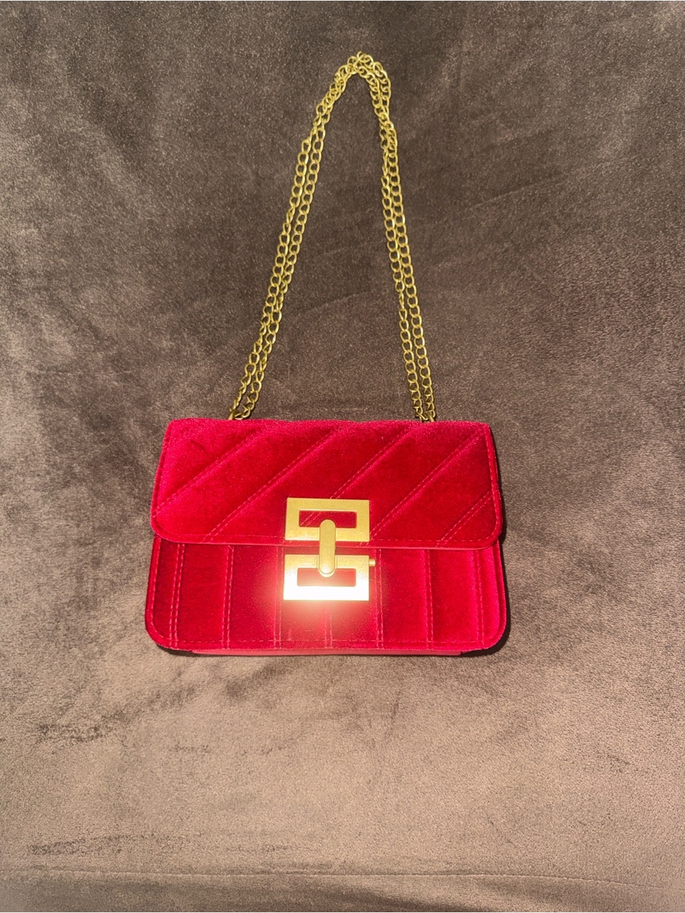 Red Velvet Chain Shoulder Bag with Gold Hardware